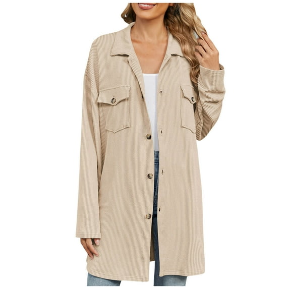 hotojiny Ribbed Knit Shacket Jacket Womens Casual Button Down Shirts Long Sleeve Loose Tops Coats with Pockets