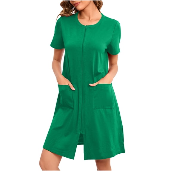 hotojiny Robes for Women Zipper Front Short Sleeve Knee Length Housecoat Lounge Crew Neck Nightgown Bathrobes with Pockets Sleepwear