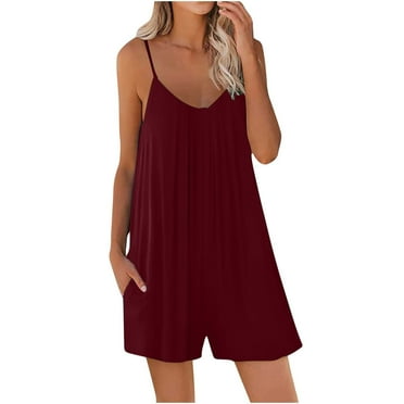 hotojiny Rompers for Women Casual V Neck Loose Wide Leg Short Jumpsuit Summer Spaghetti Strap Sleeveless Pleated Beach Vacation Clothes for Women