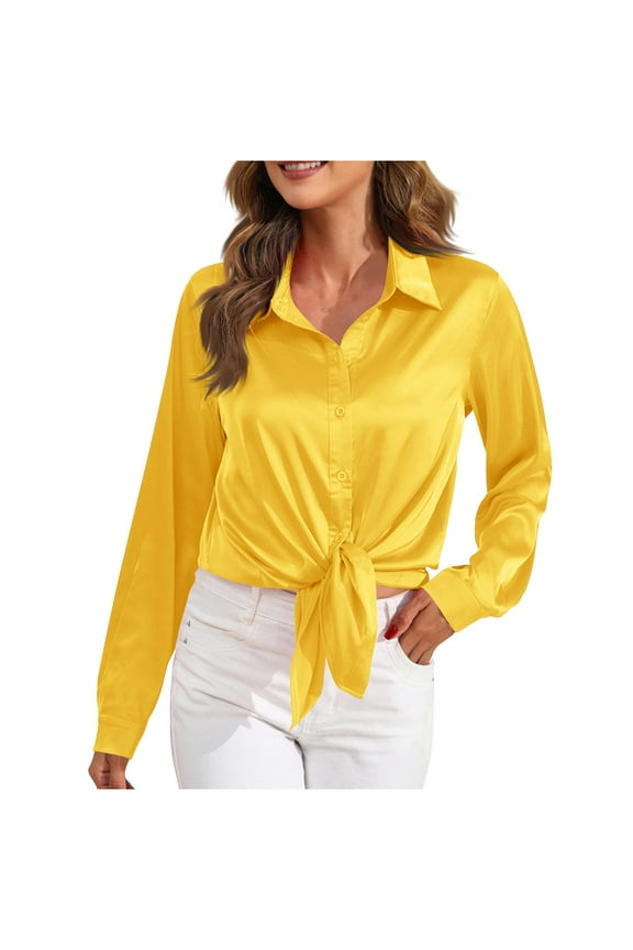 Satin Button down Shirts Long Sleeve Casual Laple Tops Loose Trendy Tshirts Solid Color Smooth Blouses