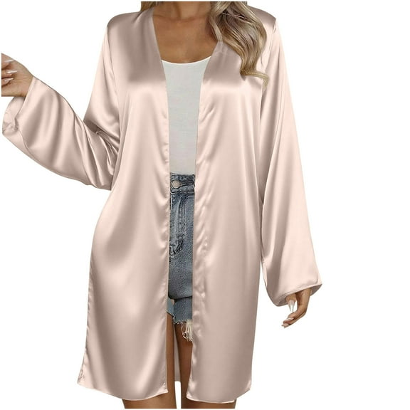 hotojiny Satin Cardigan for Women Soft Comfy Long Sleeve Lightweight Coat Solid Color Open Front Long Silky Cardigan