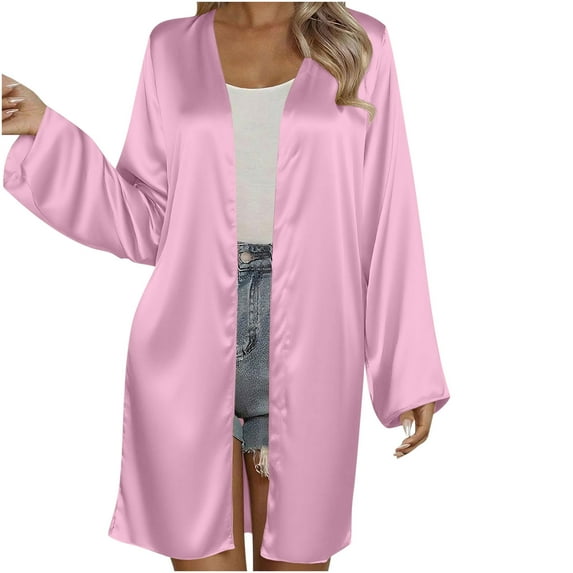 hotojiny Satin Cardigan for Women Soft Comfy Long Sleeve Lightweight Coat Solid Color Open Front Long Silky Cardigan