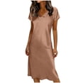 thumbnail image 1 of hotojiny Satin Nightgowns for Women Elegant V Neck Short Sleeve Silky Night Gowns Breathable Lounge Dress S-2XL, 1 of 5