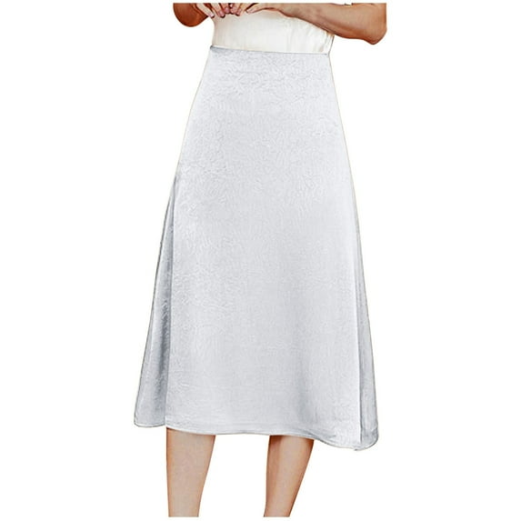 hotojiny Satin Skirt for Women Elegant High Waist Midi Length Skirt Silk Trendy Solid A-Line Work Office Skirts