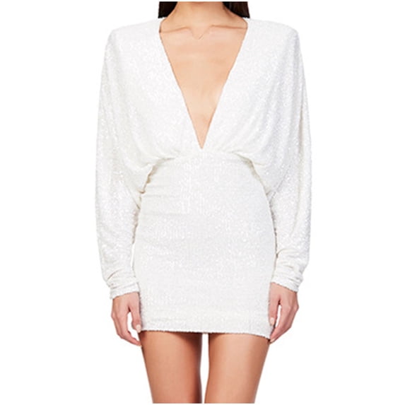 hotojiny Sequin Dress for Women Long Sleeve Deep V Neck Backless Bodycon Dress Cocktail Party Night Club Mini Dress