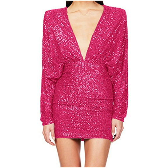 hotojiny Sequin Dress for Women Long Sleeve Deep V Neck Backless Bodycon Dress Cocktail Party Night Club Mini Dress