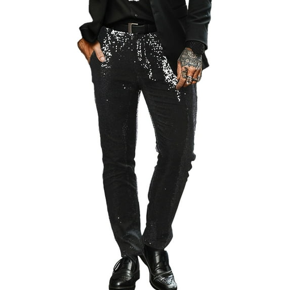 hotojiny Sequin Pants for Men Sparkly Glitter Disco Party Pants Vintage Slim Fit Straight Leg Trousers Dance Night out Club