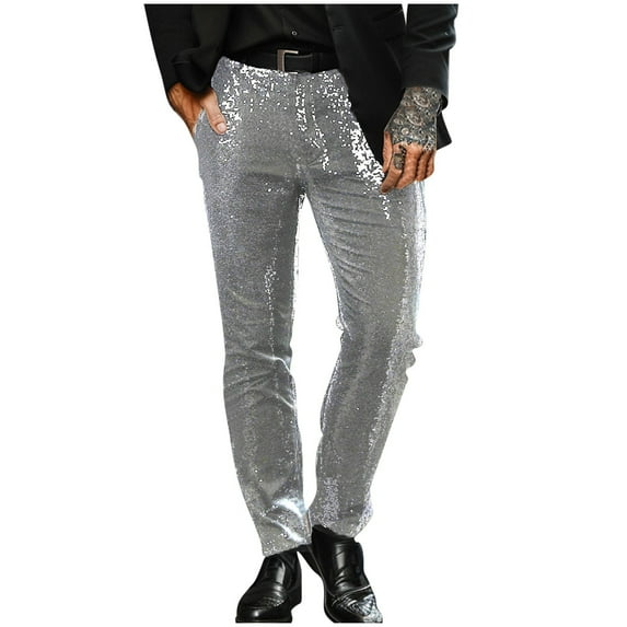 hotojiny Sequin Pants for Men Sparkly Glitter Disco Party Pants Vintage Slim Fit Straight Leg Trousers Dance Night out Club