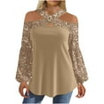 thumbnail image 1 of hotojiny Sequin Tops for Women Long Lantern Sleeve off Shoulder Blouses Crossover V Neck Going out Party Shirts Tunics Khaki, 1 of 7