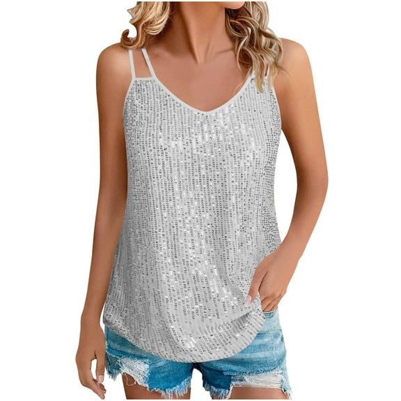 hotojiny Sequin Tops for Women Sparkly Fashion Sleeveless Tank Shirt Glitter V Neck Summer Outfits Party Clubwear