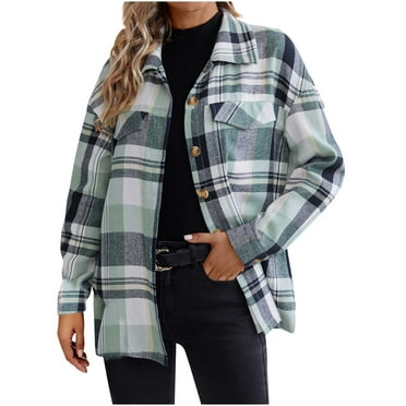 hotojiny Shacket Jacket for Women Lapel Collared Plaid Shirts Loose Button Down Long Sleeve Fashion Tops with Pocket