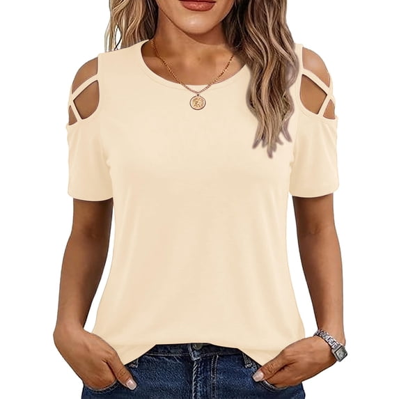 hotojiny Women's Cold Shoudler Tops Spring Short Sleeve Office Work T-Shirts Summer Crew Neck Loose Fit Tunic Tee S-2XL