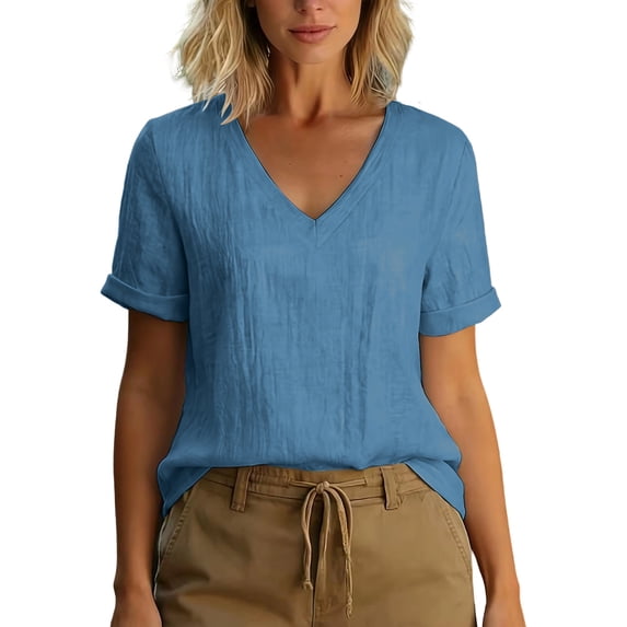 hotojiny Short Sleeve Tops for Women Breathable V Neck Loose Fit Beach Shirt Lightweight Solid Color Cotton Linen T-Shirt