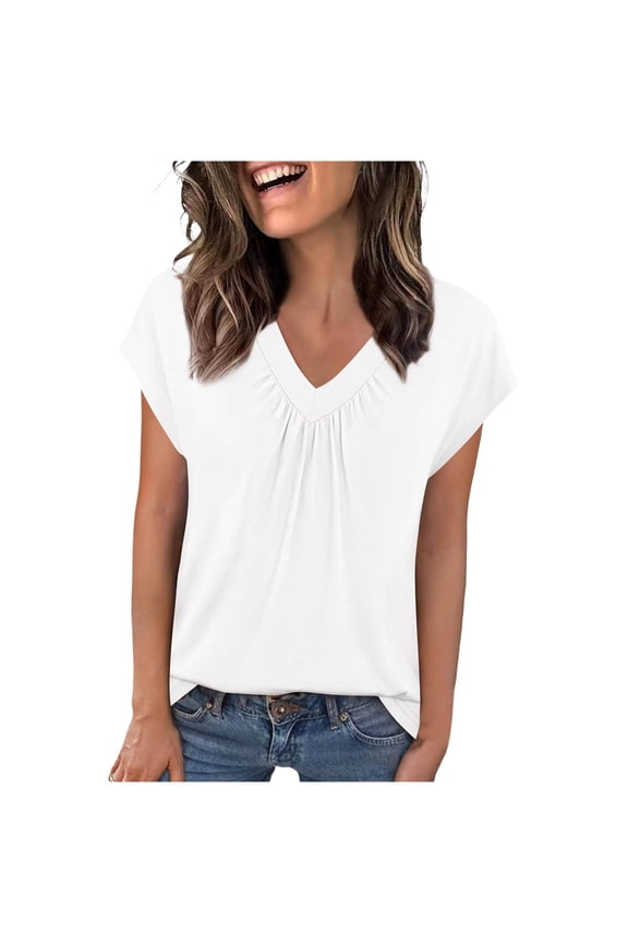 Short Sleeve Tops for Women Casual Solid Color Basic T Shirt Fashion Pleated Work Office Clothes Daily Wear