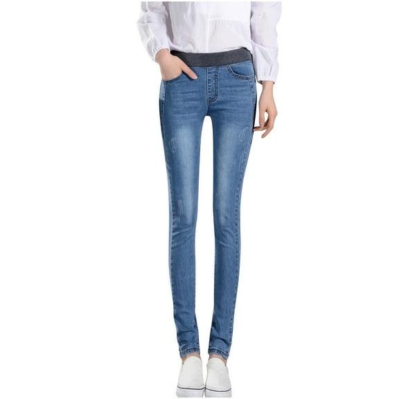 hotojiny Skinny Jeans Womens with Pockets Elastic High Waisted Pull On Denim Pants Tapered Leg Jean for Shopping Party