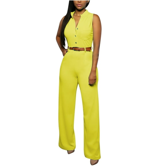 hotojiny Sleeveless Jumpsuits Women V Neck Wide Leg Dressy Casual Long Pants Rompers Button Down Outfits with Belt