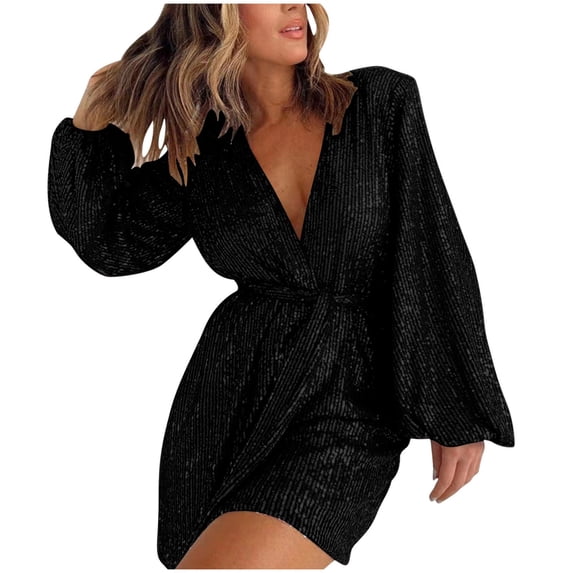 hotojiny Sparkly Rompers for Women Sequin Dressy Warp V Neck Long Sleeve Jumpsuit Trendy Night out Party Outfit