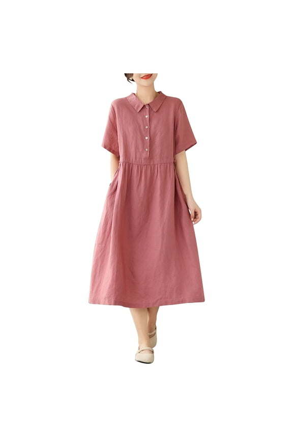 Spring Dresses for Women Cute Collar Button Tunic Dress Loose Solid Color Flowy A-Line Beach Midi Dresses