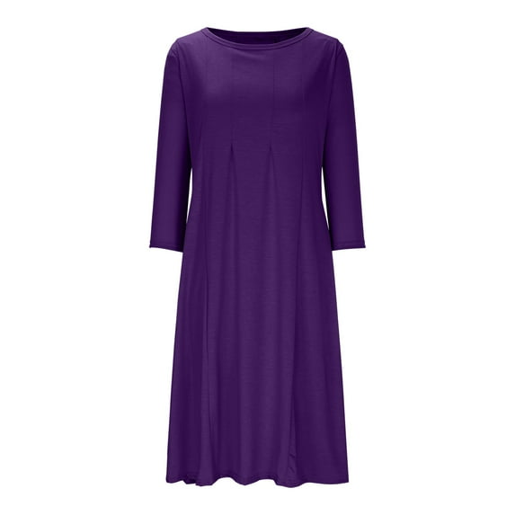 hotojiny Spring Dresses for Women Plus Size 3/4 Sleeve Round Neck Midi Dresses Cotton Pleated Slim Flowy A-Line Dress