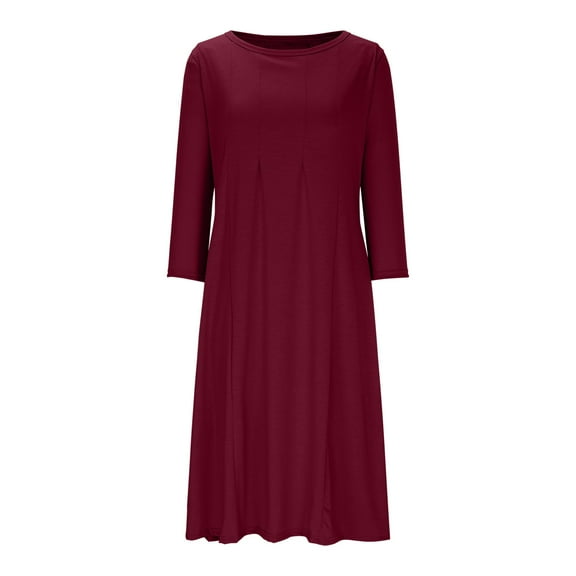 hotojiny Spring Dresses for Women Plus Size 3/4 Sleeve Round Neck Midi Dresses Cotton Pleated Slim Flowy A-Line Dress