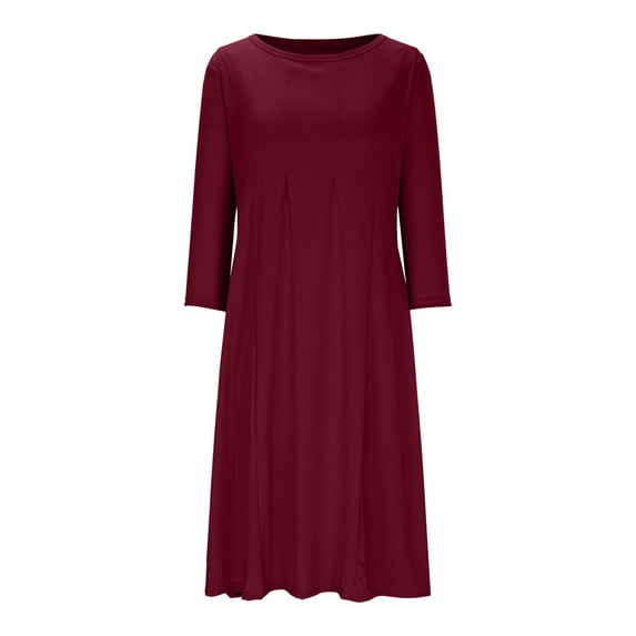 hotojiny Spring Dresses for Women Plus Size 3/4 Sleeve Round Neck Midi Dresses Cotton Pleated Slim Flowy A-Line Dress