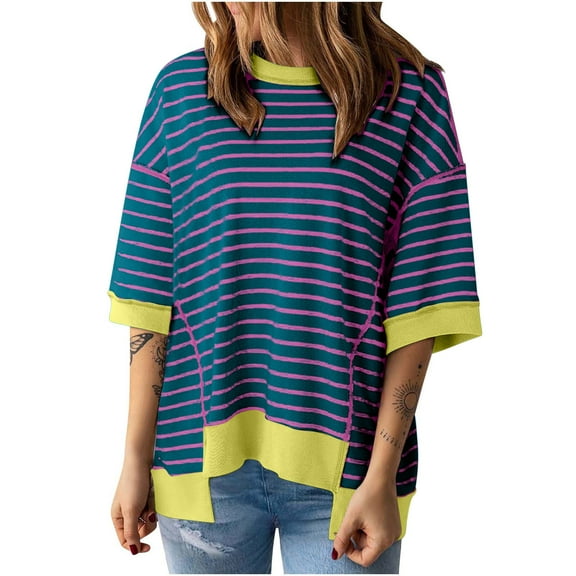 hotojiny Spring Fashion Sweatshirts for Women Oversized Striped 3/4 Sleeve Pullover Loose Casual Crewneck Shirts