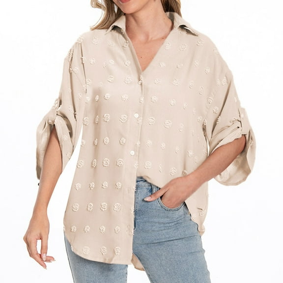 hotojiny Spring Tops for Women Loose Rolled Flare 3/4 Sleeve Dressy Casual Blouses Oversized Button down Shirt