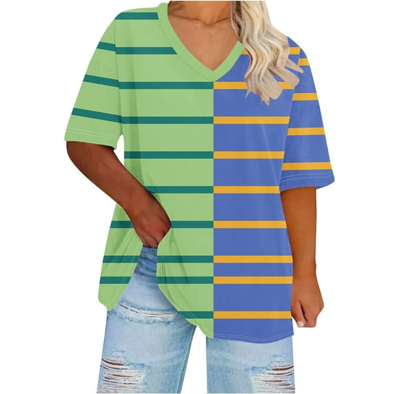 hotojiny Spring Tops for Women Plus Size Stripe Half Sleeve T Shirts Comfortable V Neck Oversized Summer Tee Clothes