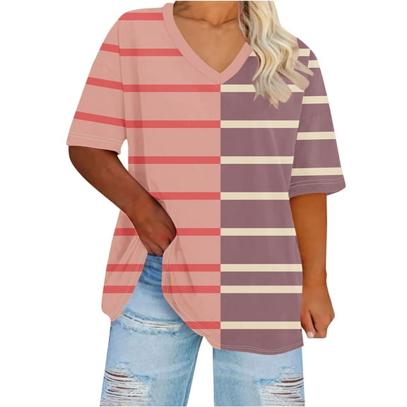 hotojiny Spring Tops for Women Plus Size Stripe Half Sleeve T Shirts Comfortable V Neck Oversized Summer Tee Clothes