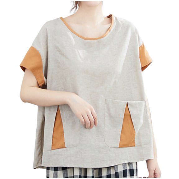 hotojiny Spring Tops for Women Cotton Linen Fashion Color Block Tunic Tee Shirts Oversized Loose Scoop Neck Beach Vaction Clothes