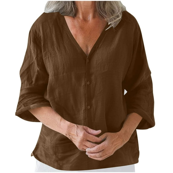 hotojiny Spring Tops for Women Cotton Linen V Neck 3/4 Sleeve Button down Shirt 2025 Solid Color Trendy Tops for Beach Vaction
