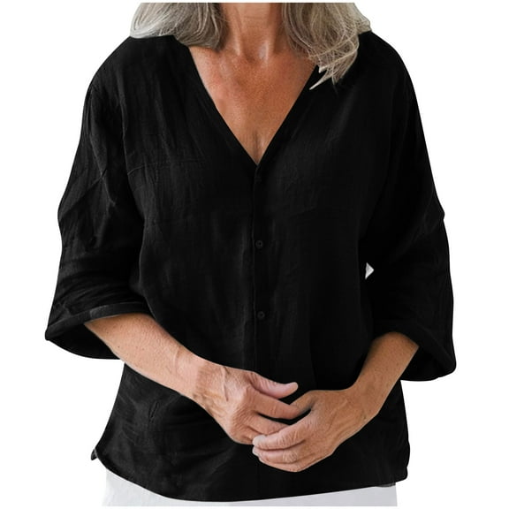 hotojiny Spring Tops for Women Cotton Linen V Neck 3/4 Sleeve Button down Shirt Solid Color Trendy Tops for Beach Vaction