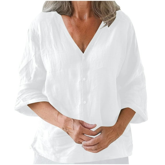 hotojiny Spring Tops for Women Cotton Linen V Neck 3/4 Sleeve Button down Shirt Solid Color Trendy Tops for Beach Vaction