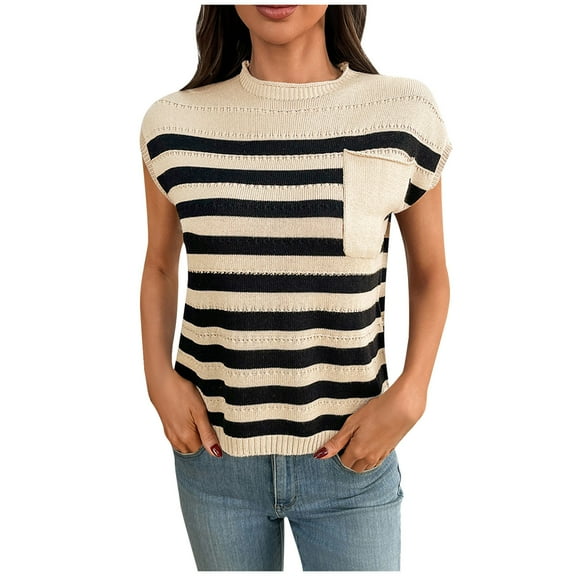 hotojiny Spring Tops for Women Fashion Color Block Mock Neck Knit Sweater Cute Cap Sleeve Pullover Vest Shirt Summer