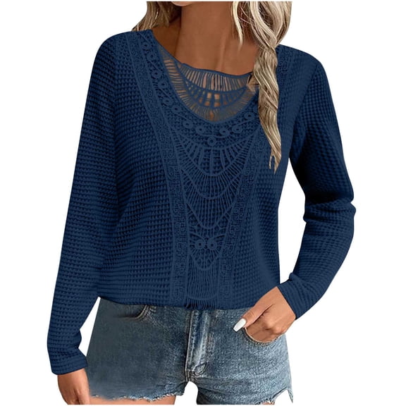 hotojiny Spring Tops for Women Lightweight Stylish Lace Patchwork Long Sleeve Blouse Scoop Neck Hollow out Pullover Shirt
