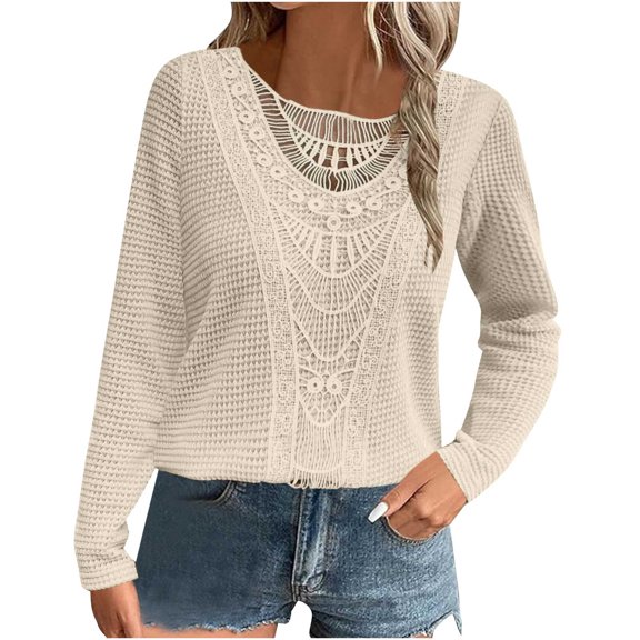 hotojiny Spring Tops for Women Lightweight Stylish Lace Patchwork Long Sleeve Blouse Scoop Neck Hollow out Pullover Shirt