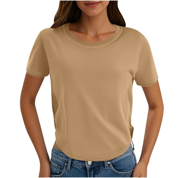 hotojiny Spring Tops for Women Soft Comfy Crew Neck Short Sleeve Solid Color T Shirts Classic Casual Clothes
