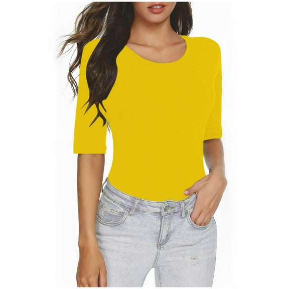 hotojiny Spring Tops for Women Soft Stretchy Half Sleeve Crew Neck T Shirts Solid Slim Fit Casual Summer Basic Tees Going out Clothes