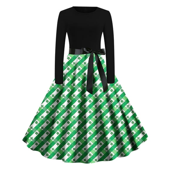 hotojiny St. Patrick's Day Dress for Women Fashion Elegant A-Line Flowy Maxi Dress Long Sleeve Crewneck Spring Summer Dress