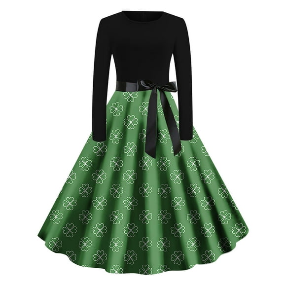 hotojiny St. Patrick's Day Dress for Women Fashion Elegant A-Line Flowy Maxi Dress Long Sleeve Crewneck Spring Summer Dress