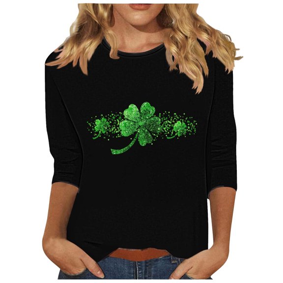 hotojiny St. Patrick's Day Shirt for Women Cute Print Plus Size Summer Tops Lightweight Crew Neck 3/4 Sleeve Work Party Tee Shirt