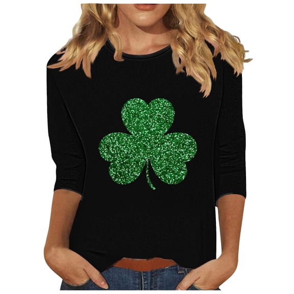 hotojiny St. Patrick's Day Shirt for Women Cute Print Plus Size Summer Tops Lightweight Crew Neck 3/4 Sleeve Work Party Tee Shirt