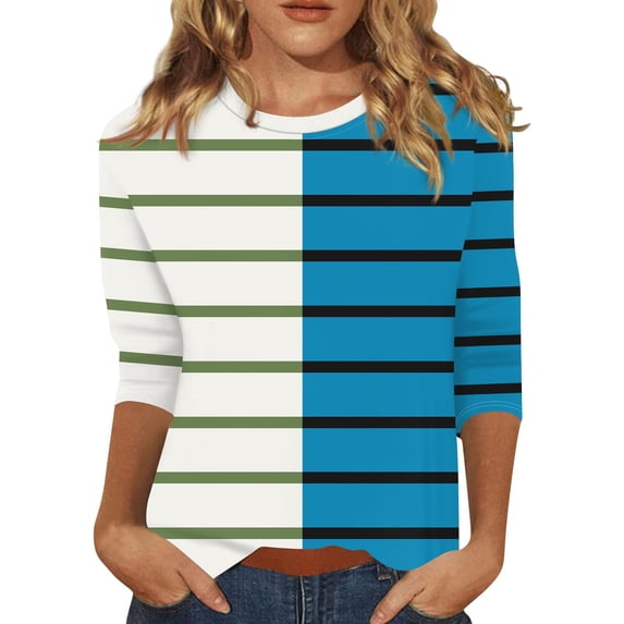 hotojiny Striped Tops for Women Casual 3/4 Sleeve Round Neck Color Block Shirts Stylish Fall Tunic Blouses