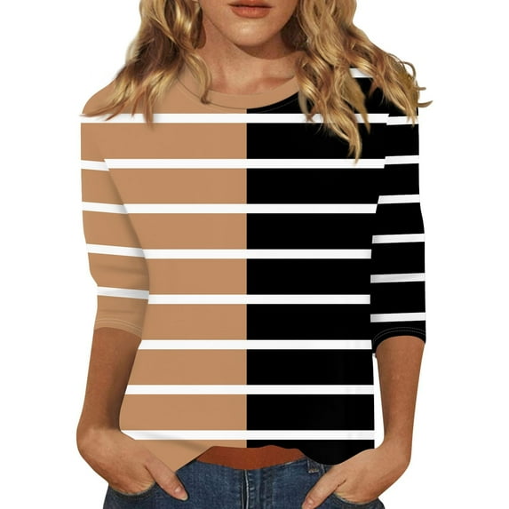hotojiny Striped Tops for Women Casual 3/4 Sleeve Round Neck Color Block Shirts Stylish Fall Tunic Blouses