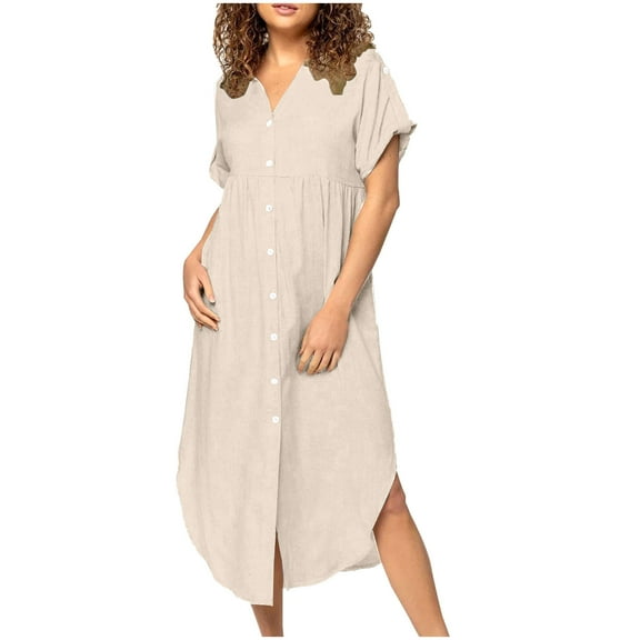 hotojiny Summer Dresses for Women Cotton Linen V Neck Button down Shirt Dress Breathable Rolled Short Sleeve Curved Hem Dresses