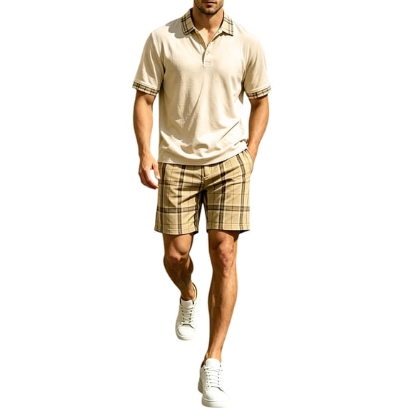 hotojiny Summer Golf Sets for Men Stylish Button Collared Plaid Shirt with Shorts Set Breathable Short Sleeve 2 Piece Outfits(Beige,Medium)