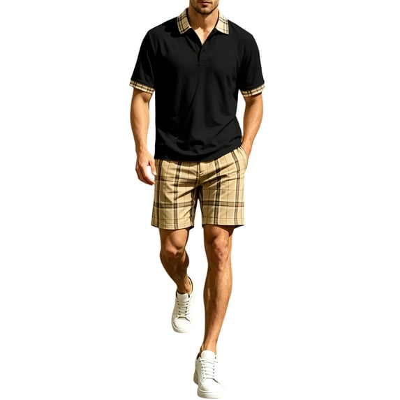 hotojiny Summer Golf Sets for Men Stylish Button Collared Plaid Shirt with Shorts Set Breathable Short Sleeve 2 Piece Outfits(Black,3X-Large)