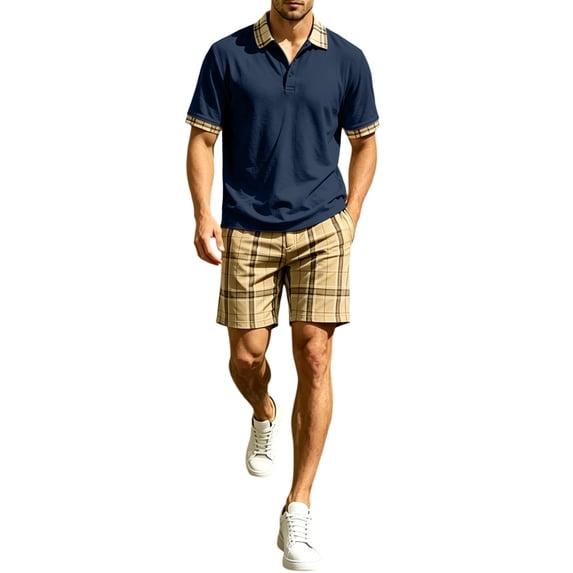 hotojiny Summer Golf Sets for Men Stylish Button Collared Plaid Shirt with Shorts Set Breathable Short Sleeve 2 Piece Outfits(Navy,Medium)