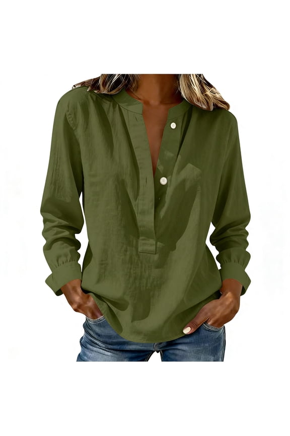 Summer Linen Shirts for Women Lightweight Button up Long Sleeve T-Shirt Spring Blouse Casual Loose Solid Tunic Tops