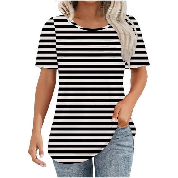 hotojiny Summer T Shirts for Women Casual Short Sleeve Crewneck Basic Tops Trendy Striped Loose Comfy Blouse